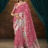 Pink Floral Dola Silk Saree With Blouse 1 Pink Floral Dola Silk Saree With Blouse -Riwaayat Store p2284sr02