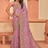 Pink Stone Embroidered Sari In Crepe