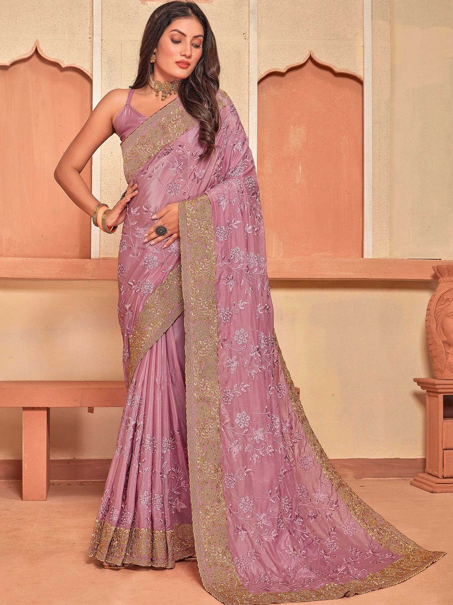 Pink Stone Embroidered Sari In Crepe 3 Pink Stone Embroidered Sari In Crepe
