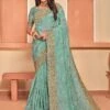 Turquoise Embroidered Border Sari In Crepe -Riwaayat Store p2297sr03