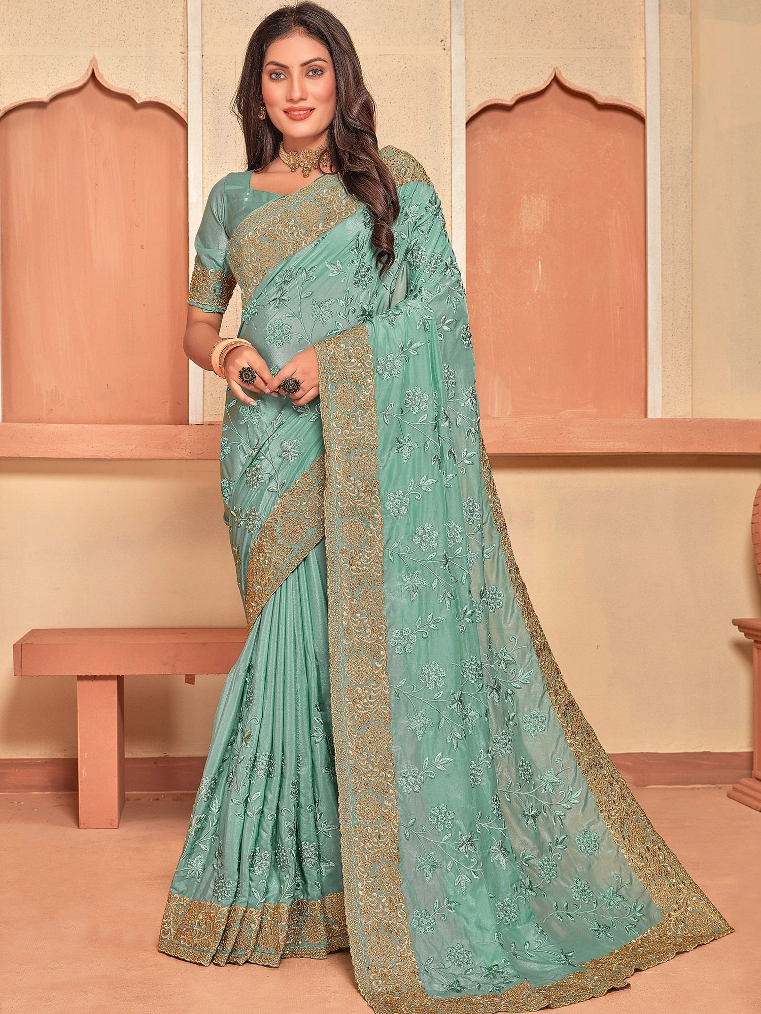 Turquoise Embroidered Border Sari In Crepe 3 Turquoise Embroidered Border Sari In Crepe