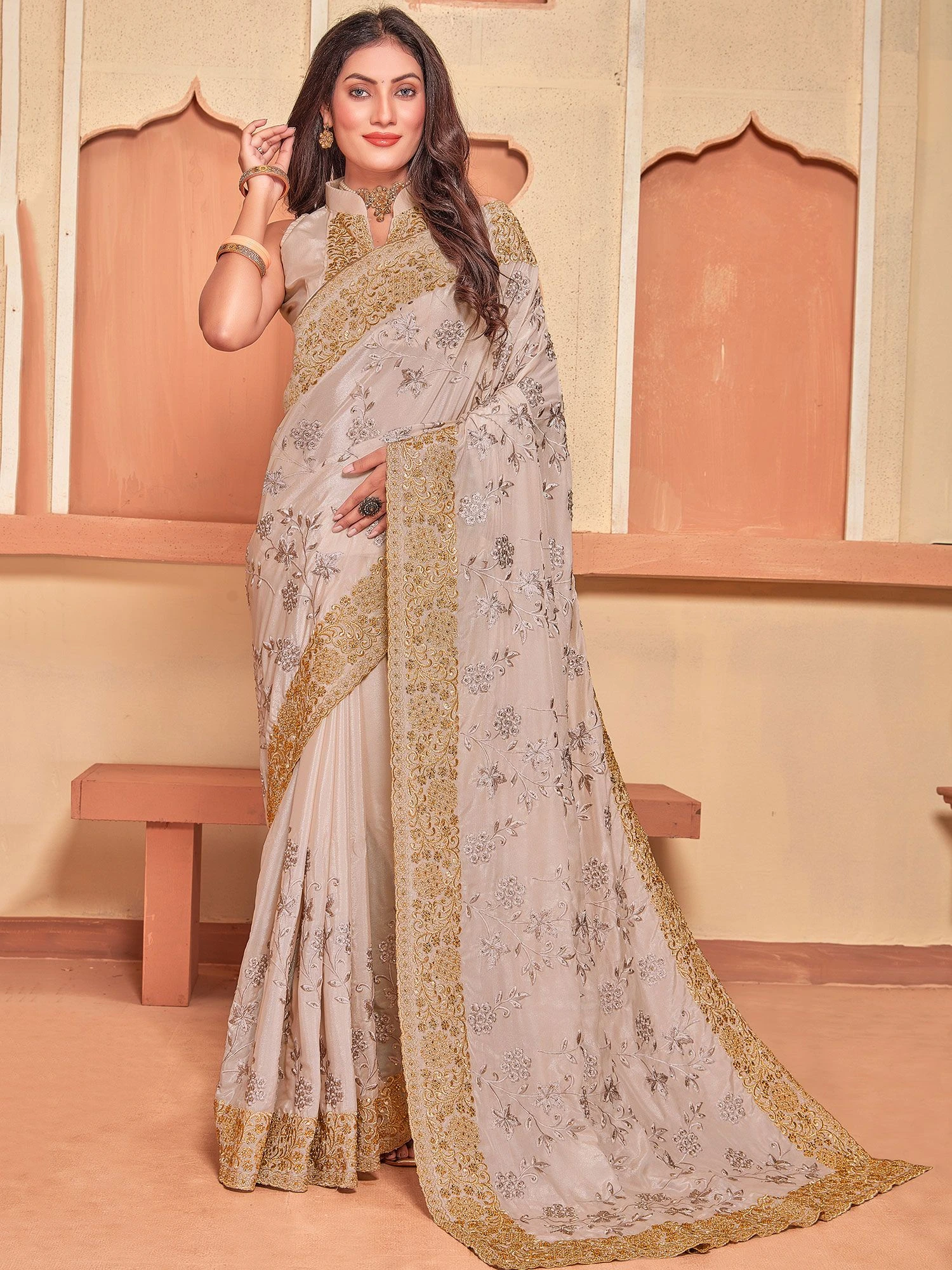 Biege Festive Wear Saree With Embroidery 3 Biege Festive Wear Saree With Embroidery