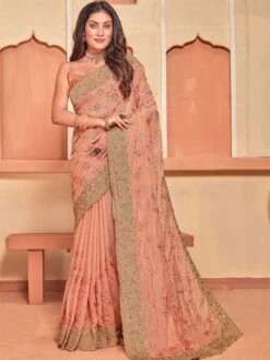 Orange Embroidered Party Wear Sari In Crepe