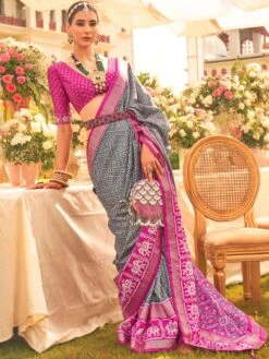 Grey Bandhani Print Saree In Silk With Blouse -Riwaayat Store p2298sr05 1