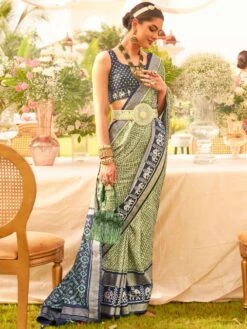 Green Silk Saree With Printed Blouse -Riwaayat Store p2298sr07
