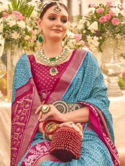Blue Bandhej Saree With Blouse In Silk -Riwaayat Store p2298sr09 1