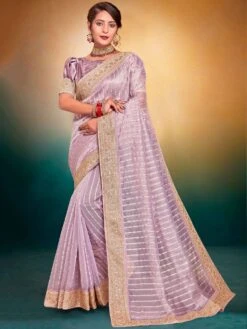 Purple Sequin Embellished Silk Saree