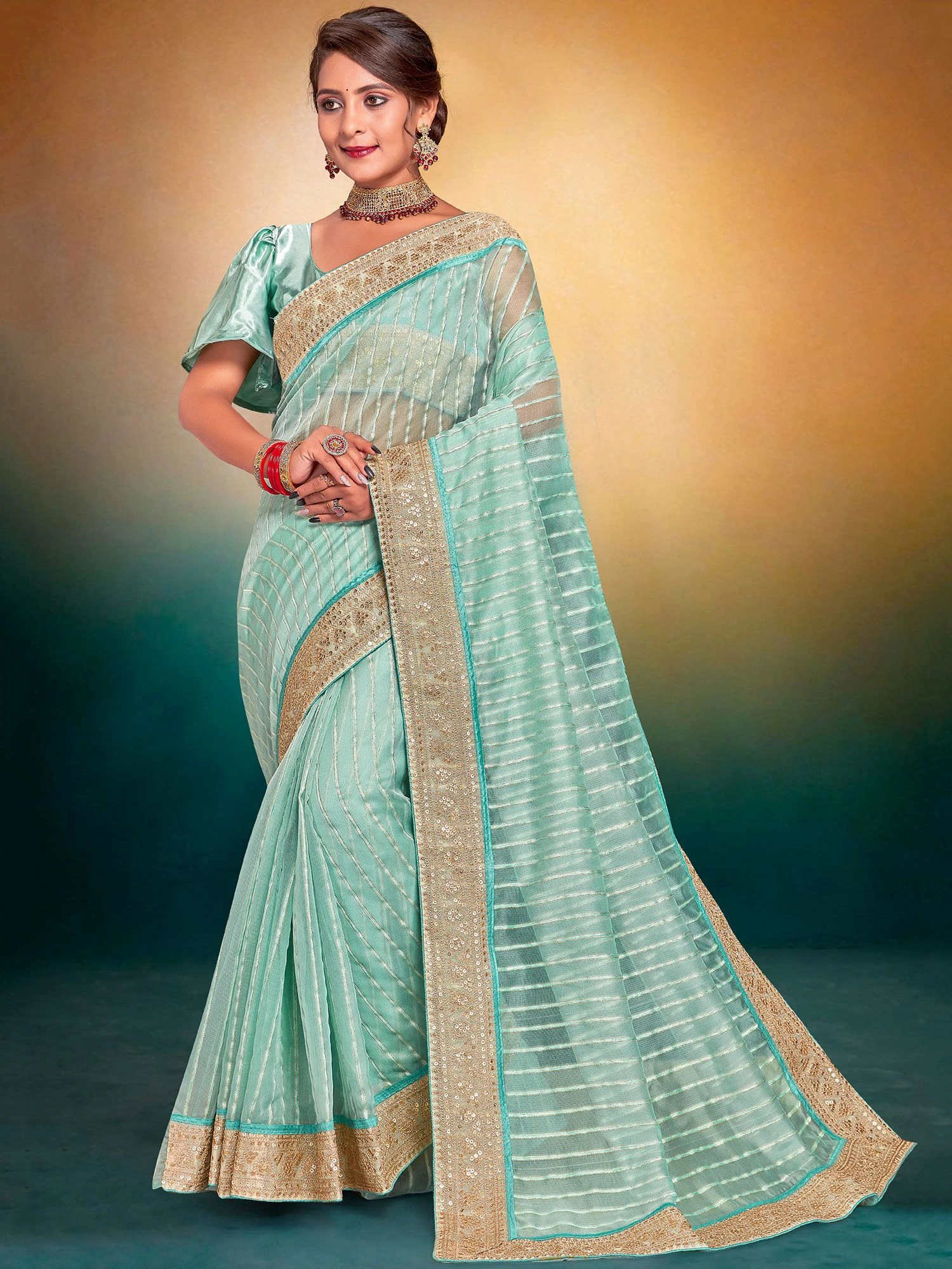 Turquoise Silk Saree With Zari Work 3 Turquoise Silk Saree With Zari Work