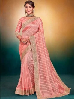 Peach Silk Saree In Zari Work