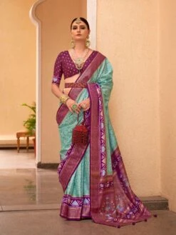 Blue Printed Saree In Silk With Blouse