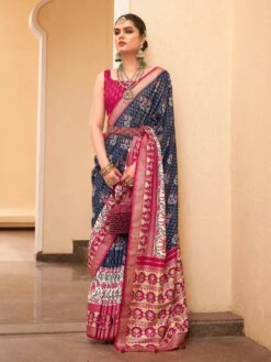 Denim Blue Silk Saree In Printed Work