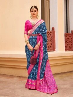 Aegan Blue Silk Saree In Traditional Print