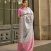 Cloud Grey Saree In Khadi Silk With Blouse -Riwaayat Store p2304sr05