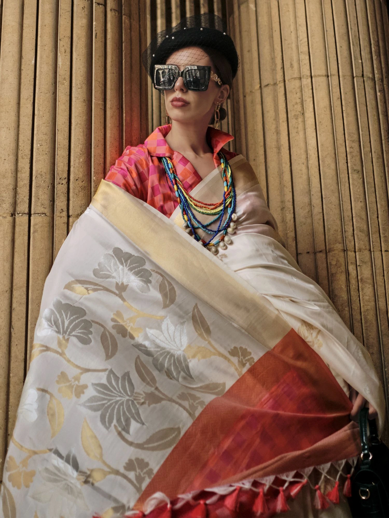 White Silk Saree With Multicolor Blouse 4 White Silk Saree With Multicolor Blouse - Image 2