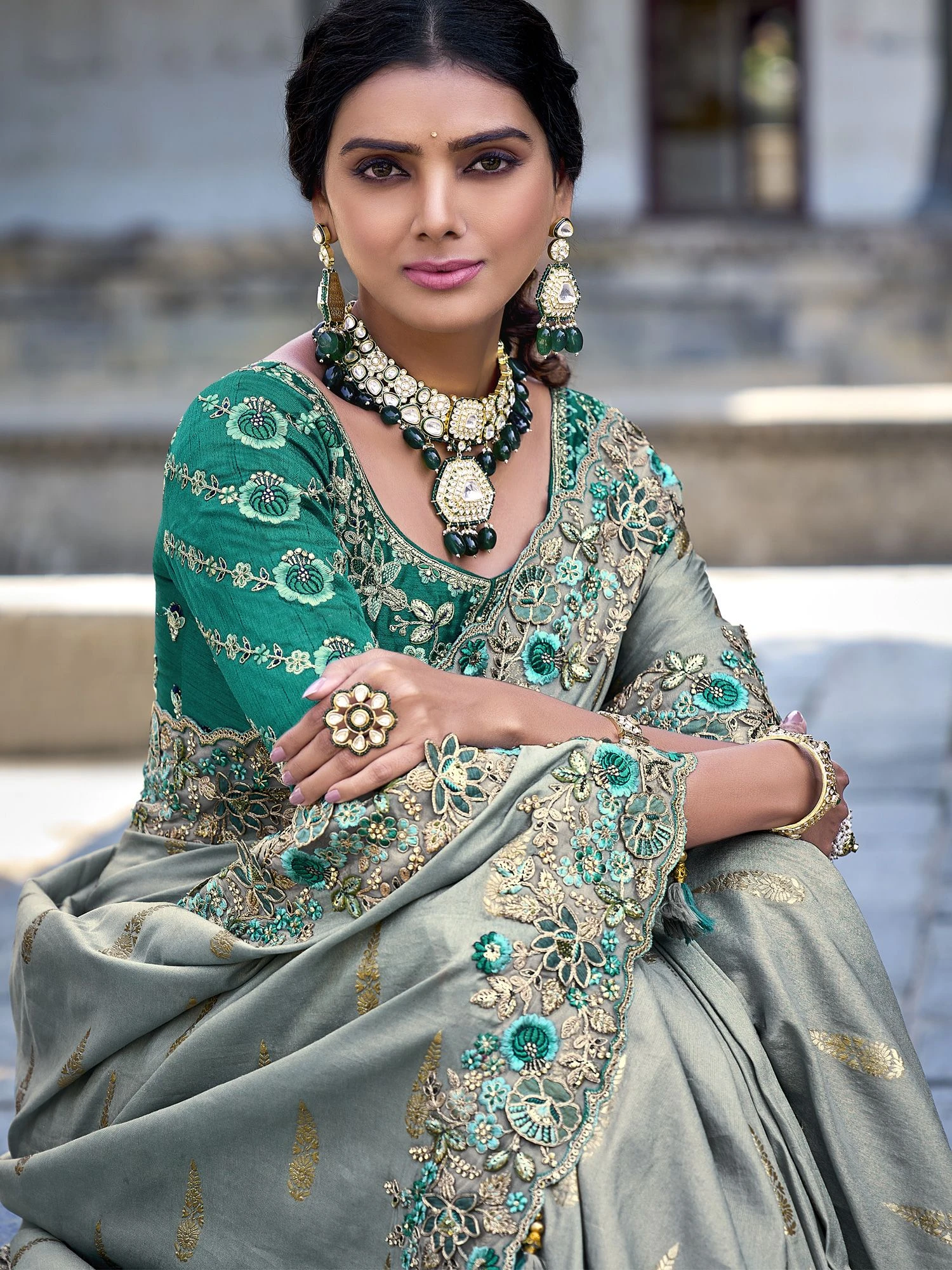 Green Stone Embellished Party Wear Saree 4 Green Stone Embellished Party Wear Saree - Image 2