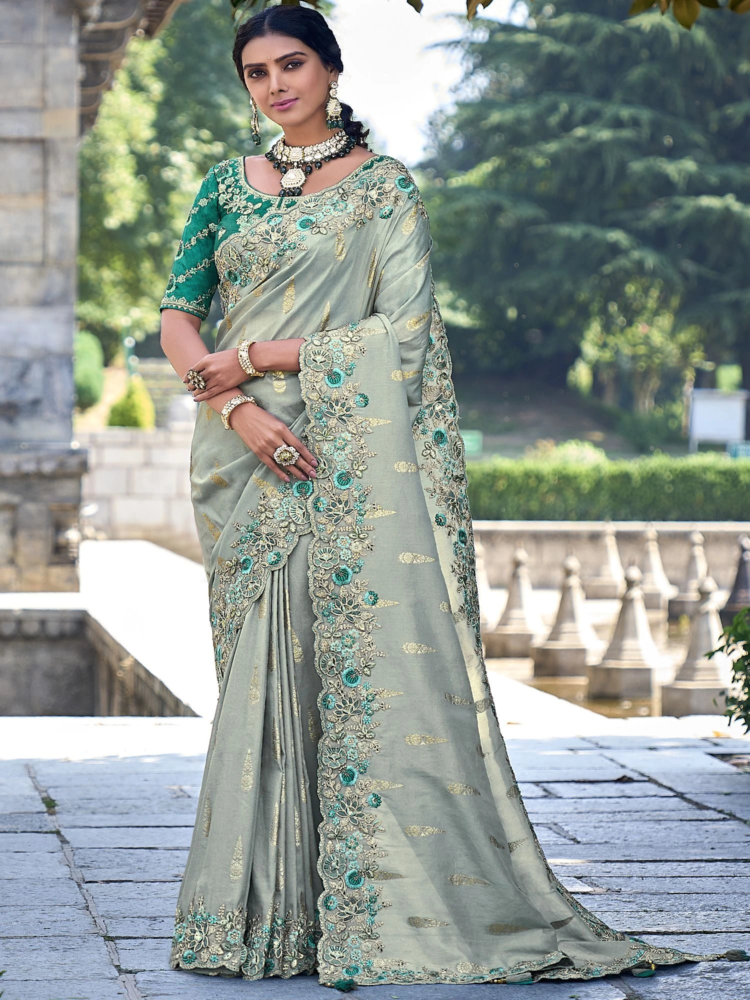 Green Stone Embellished Party Wear Saree 3 Green Stone Embellished Party Wear Saree