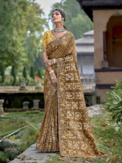 Brown Zari Embroidered Sari In Silk