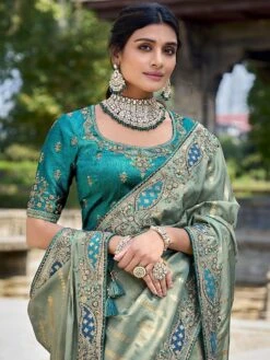 Pistachio Green Floral Bordered Silk Saree -Riwaayat Store p2306sr09 1