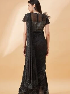 Black Printed Saree In Lycra With Designer Blouse -Riwaayat Store p2309sr04 2