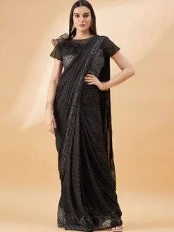 Black Printed Saree In Lycra With Designer Blouse