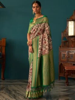 Cream Party Wear Tussar Silk Saree In Floral Print