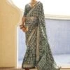 Green Print Work Saree In Silk With Blouse