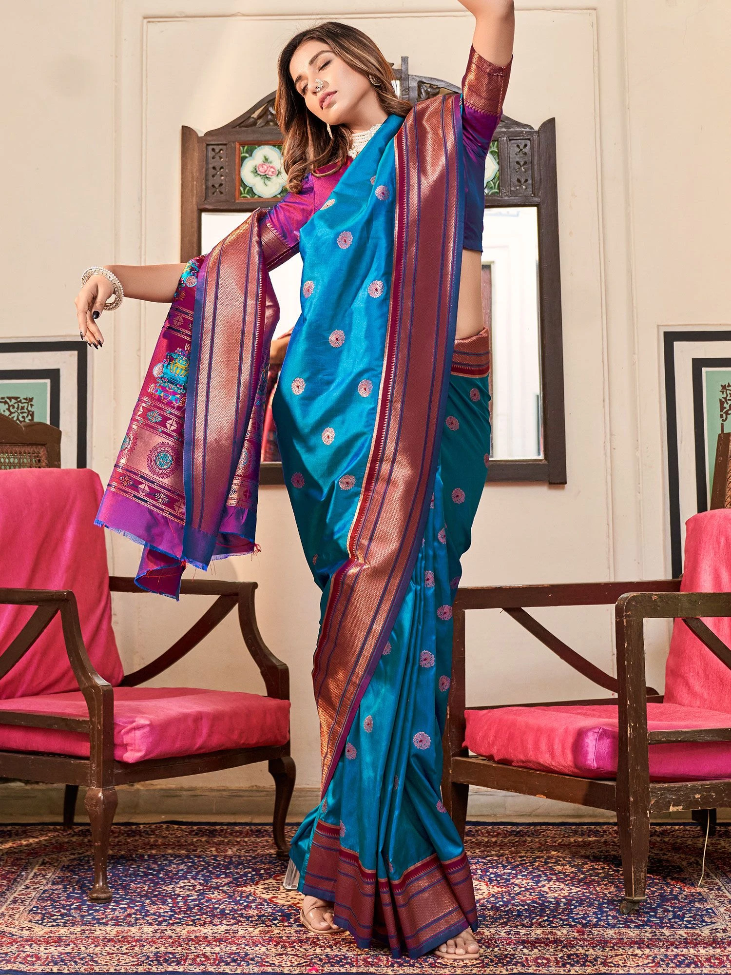 Blue Silk Saree In Printed Work 3 Blue Silk Saree In Printed Work