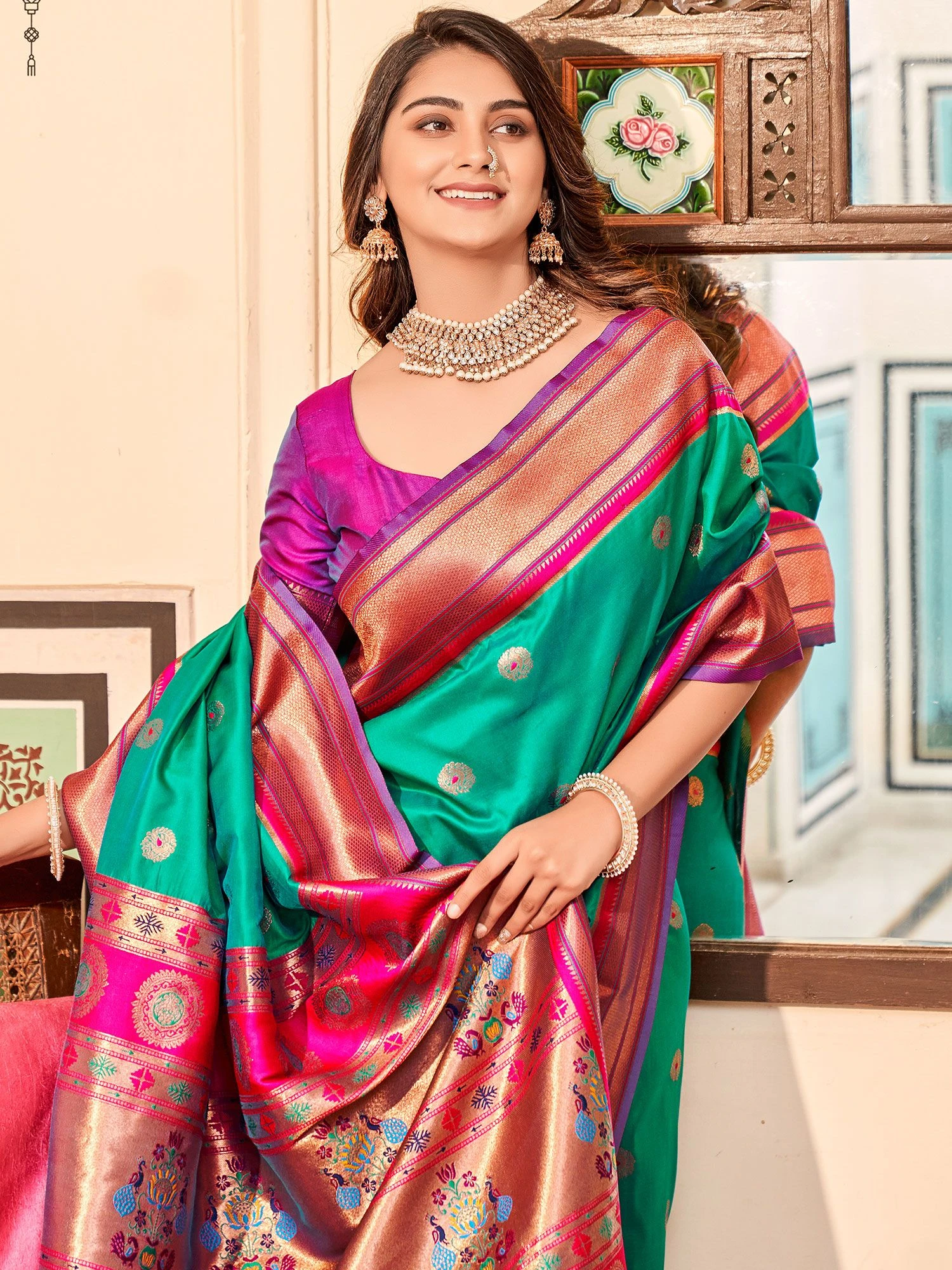 Green Silk Saree With Printed Pattern 4 Green Silk Saree With Printed Pattern - Image 2