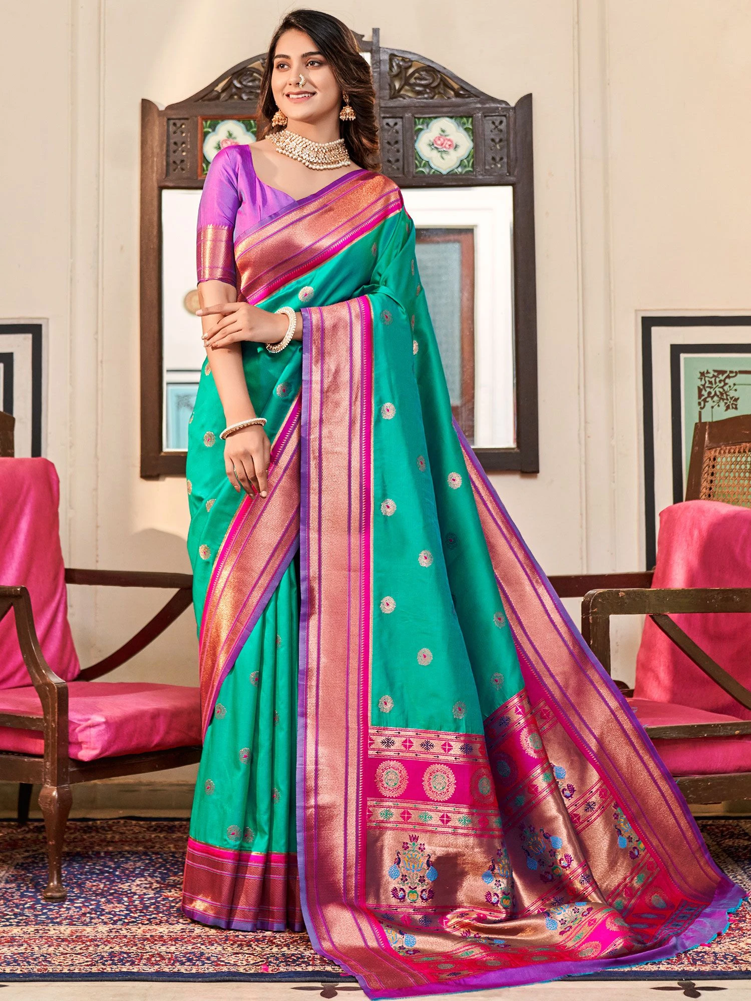 Green Silk Saree With Printed Pattern 3 Green Silk Saree With Printed Pattern