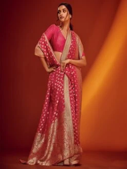 Pink Bridal Zari Work Saree In Georgette