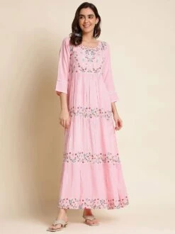 Pink Readymade Long Kurta With Embroidery