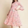 Pink Floral Bell Sleeved Kurti In Cotton