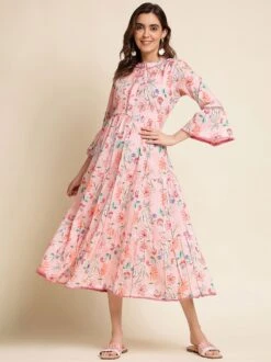 Pink Floral Bell Sleeved Kurti In Cotton