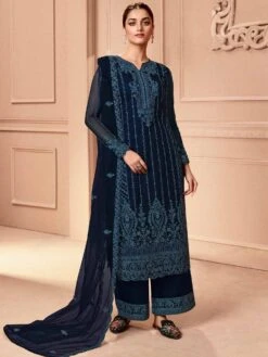 Blue Embroidered Straight Cut Salwar Kameez