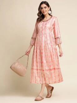 Peach Foil Printed Kurti In Cotton