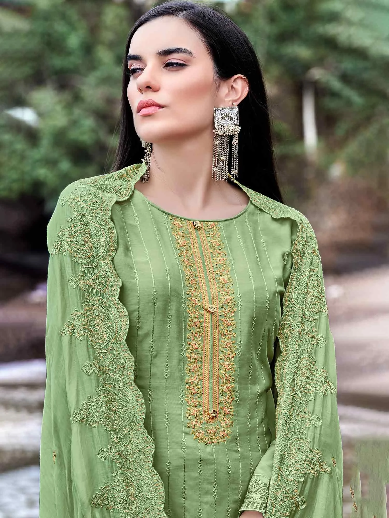 Green Chanderi Salwar Kameez With Dupatta 4 Green Chanderi Salwar Kameez With Dupatta - Image 2
