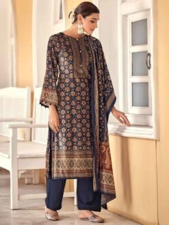 Blue Velvet Salwar Kameez With Digital Prints