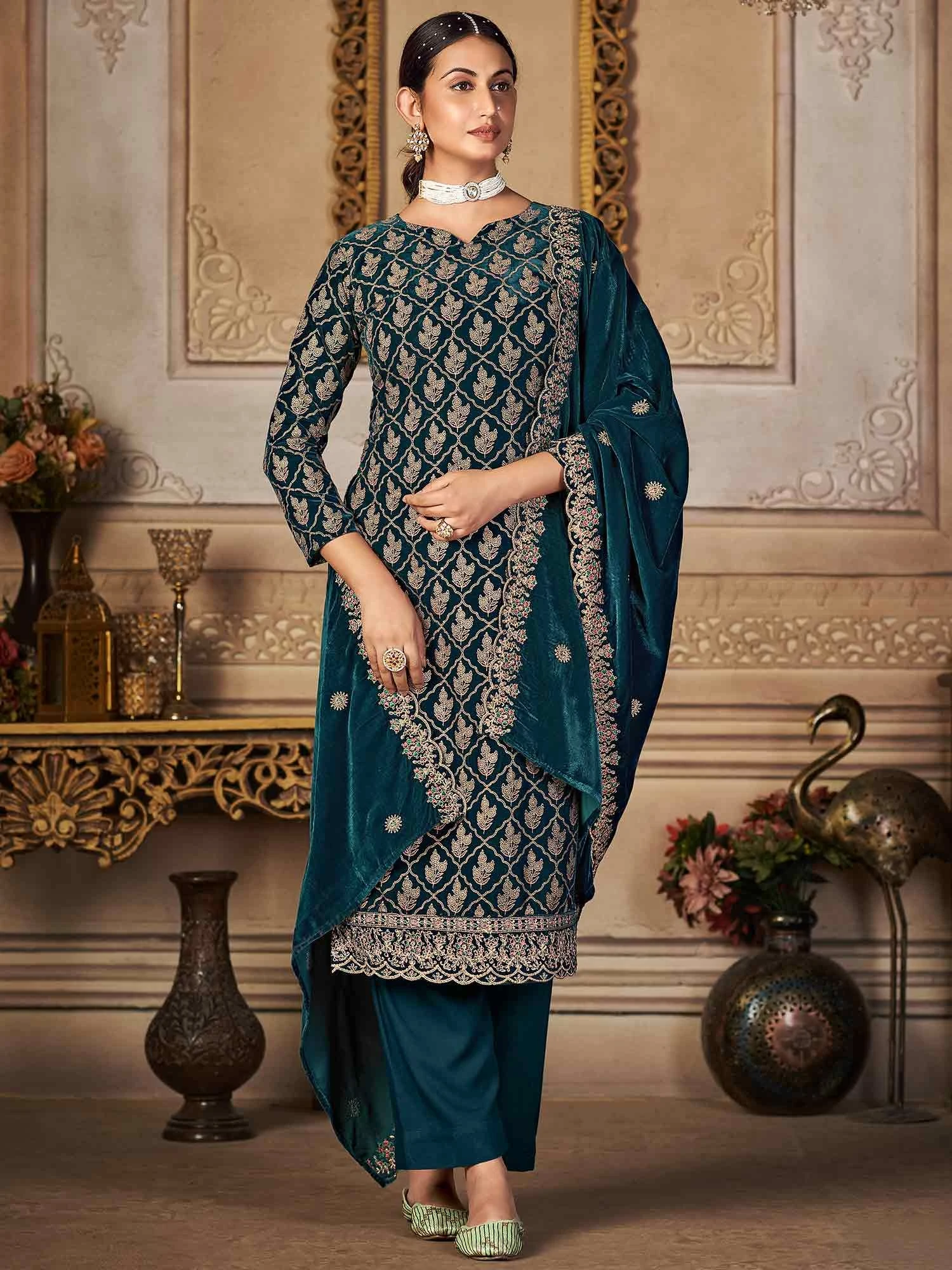 Blue Dori Embroidered Pant Style Salwar Kameez 3 Blue Dori Embroidered Pant Style Salwar Kameez