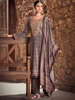 Grey Digital Printed Salwar Suit In Velvet