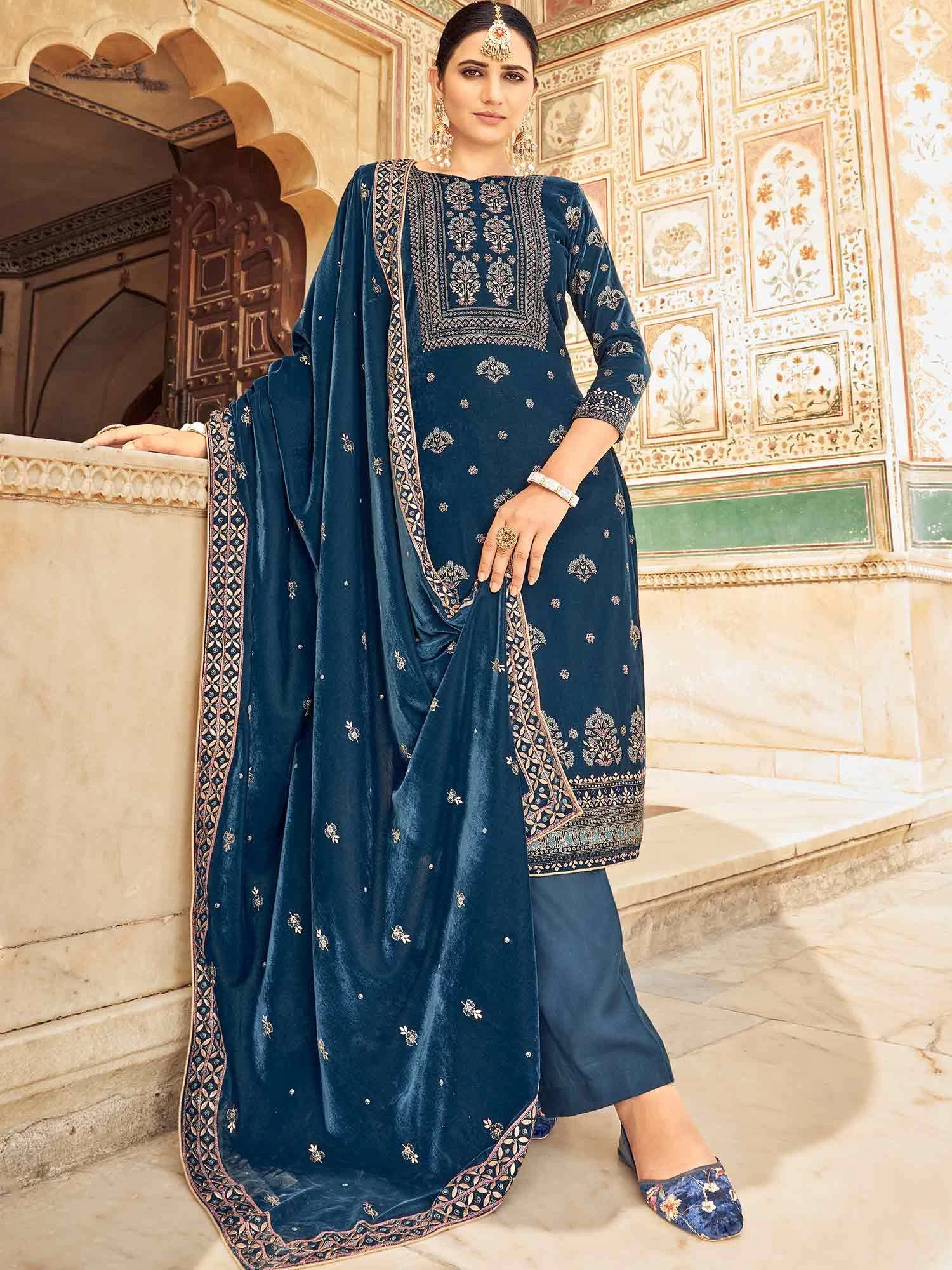 Blue Pant Style Salwar Kameez With Prints 3 Blue Pant Style Salwar Kameez With Prints