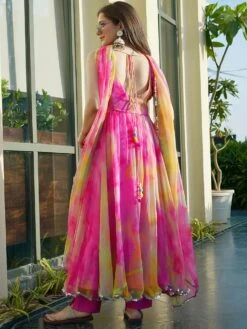 Pink Tie-Dye Printed Anarkali Suit In Organza -Riwaayat Store p3037in01 2