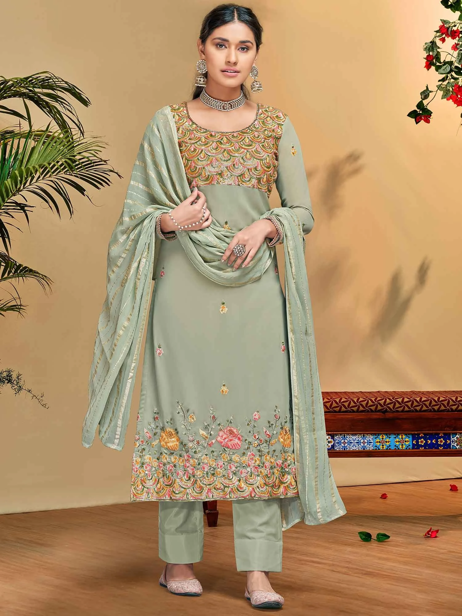 Grey Sequins Embroidered Pant Style Salwar Suit 3 Grey Sequins Embroidered Pant Style Salwar Suit