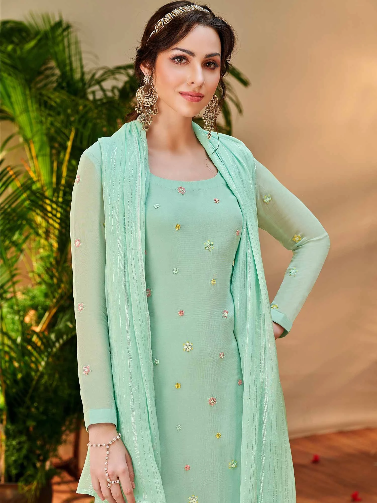 Turquoise Embroidered Salwar Suit In Georgette 4 Turquoise Embroidered Salwar Suit In Georgette - Image 2