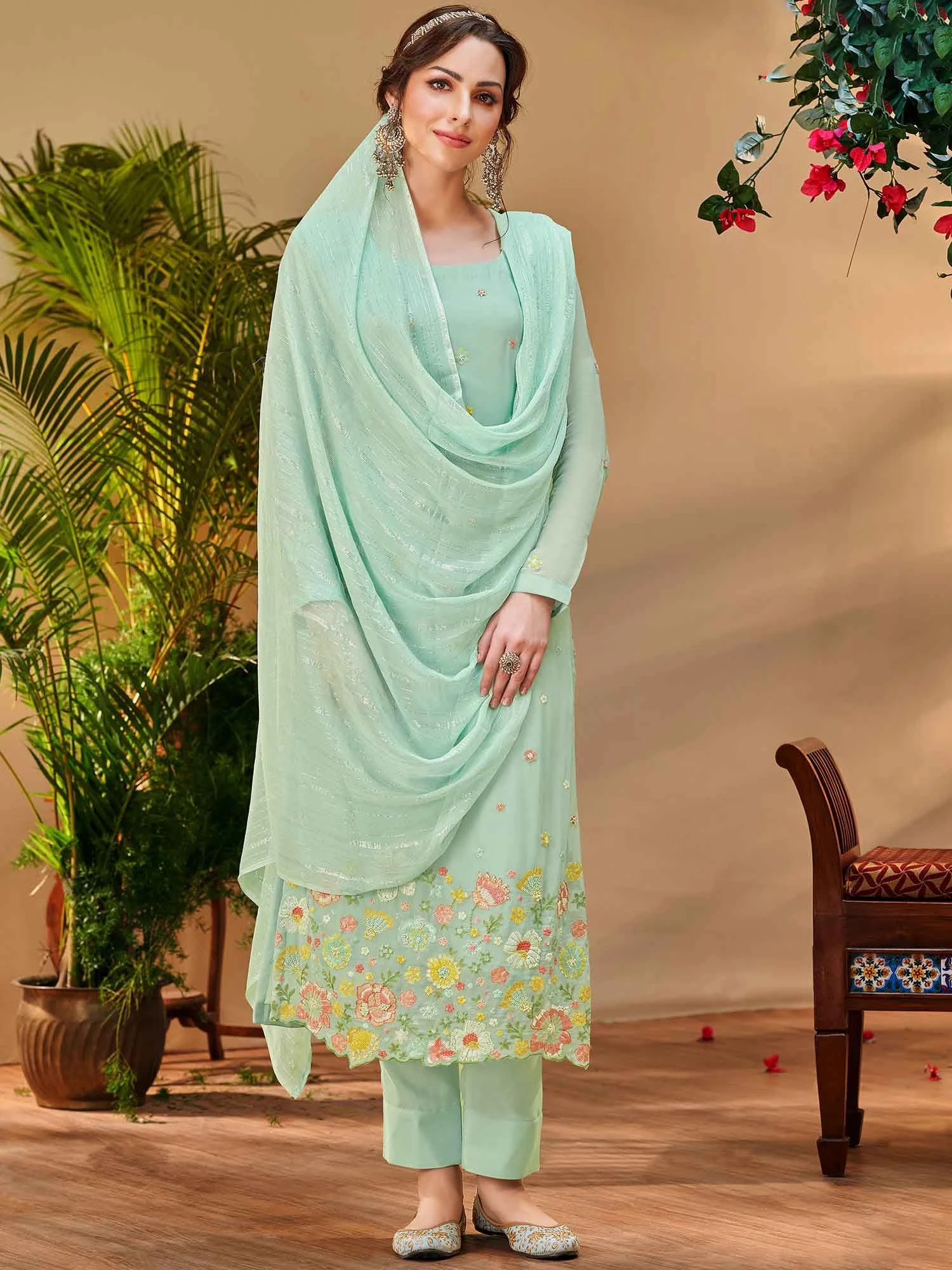 Turquoise Embroidered Salwar Suit In Georgette 3 Turquoise Embroidered Salwar Suit In Georgette