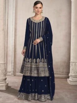 Blue Embroidered Sharara Suit With Dupatta
