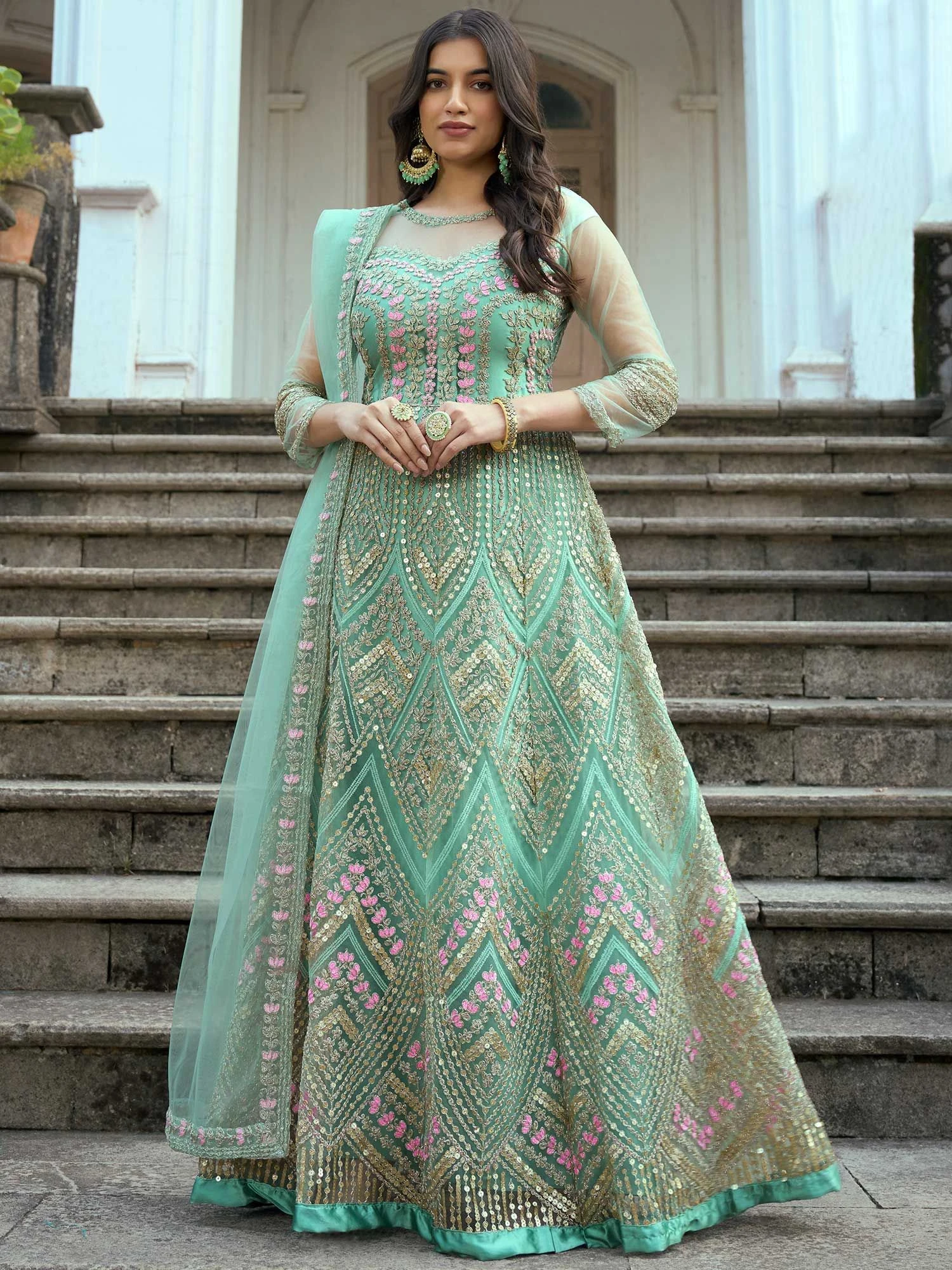 Turquoise Designer Anarkali Suit In Net 3 Turquoise Designer Anarkali Suit In Net