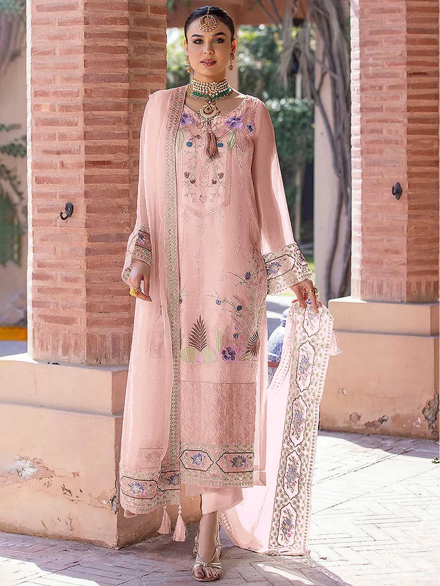 Peach Straight Cut Pant Suit With Embroidery 3 Peach Straight Cut Pant Suit With Embroidery