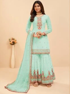 Blue Sequins Embroidered Sharara Salwar Suit