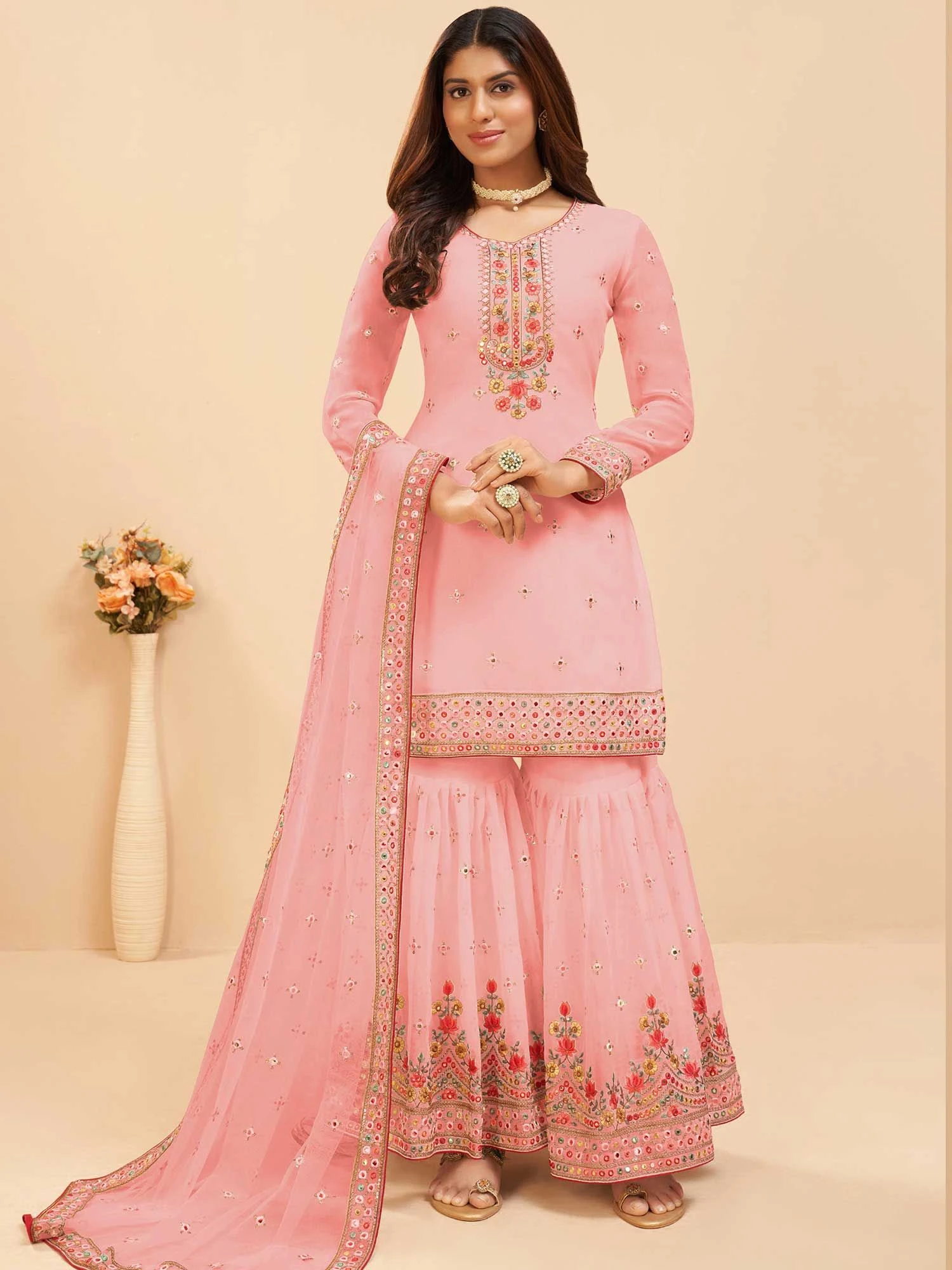 Peach Embroidered Sharara Suit With Dupatta 3 Peach Embroidered Sharara Suit With Dupatta