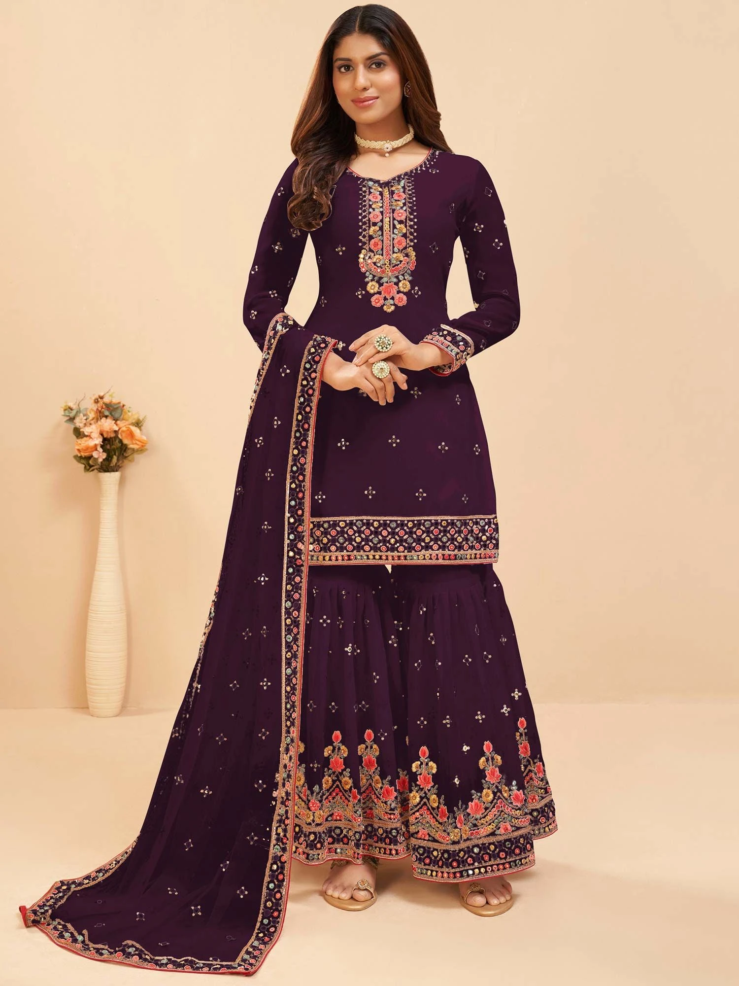 Purple Embroidered Georgette Suit With Dupatta 3 Purple Embroidered Georgette Suit With Dupatta